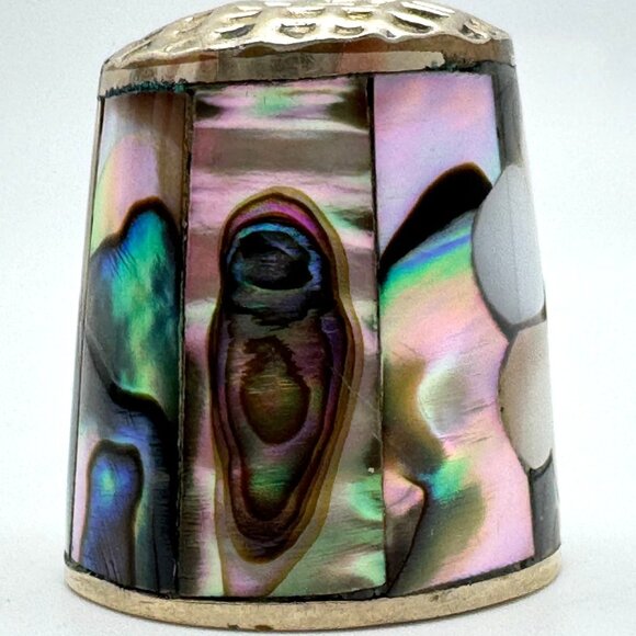 Vintage Thimble With Mother Of Pearl & Abalone Inlay Floral Design 1 inch - Picture 3 of 7